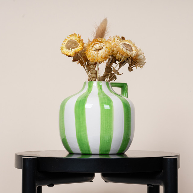 Blume2000 Steingut Vase Streifen Grün/Weiß, Rund, Tischvase - Bild 1