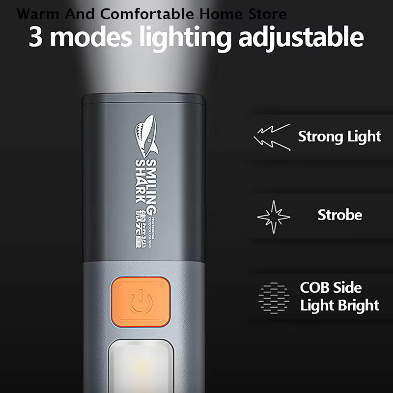Smiling Shark SD1023 LED-Taschenlampe mit XPE-LED, USB wiederaufladbar, zoombar und wasserdicht mit praktischem Haken für Camping und Outdoor - Bild 4