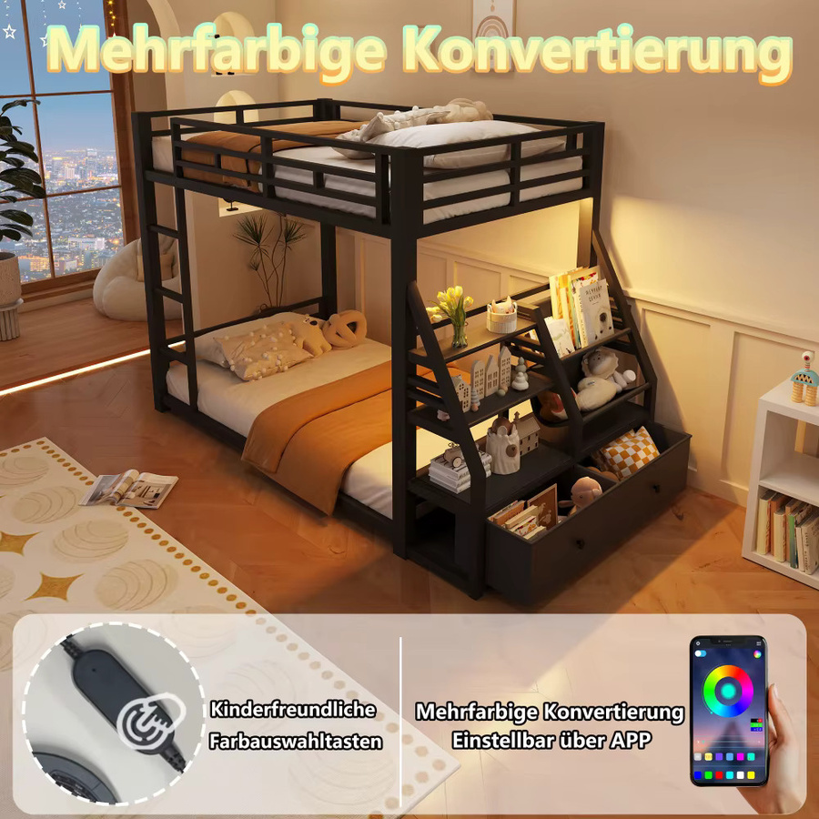Multifunktionales Metall-Etagenbett für Kinder mit LED-Beleuchtung, 2 Stoffschubladen und Ablageflächen, robustes Bettgestell mit Sicherheitsgeländer und Leiter, B/T: 90 x 200 cm - Bild 7