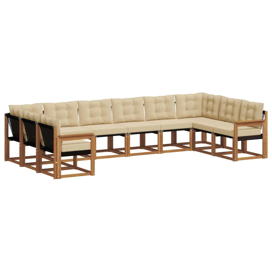 vidaXL Outdoor-Sofagarnitur in L-Form aus Akazienholz mit Textilene und Kissen, 10-teiliges Set, Natur und Beige - Bild 2