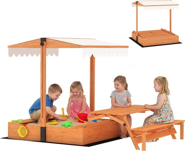 Aiyaplay Sandkasten aus Holz für Kinder mit verstellbarem Sonnenschutz und Picknicktisch inklusive Bänken für 6 Kinder, Farbe: Braun, B/T/H: 184 x 110 x 120 cm - Bild 1