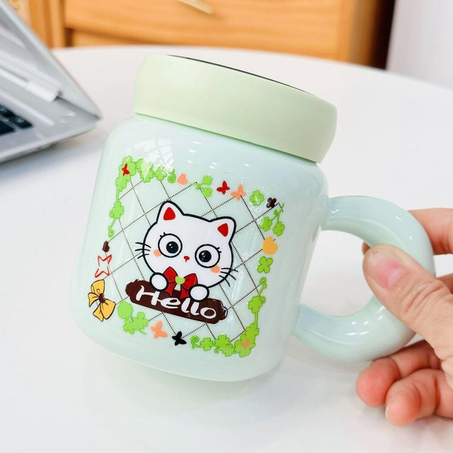 Yiran Furniture Keramiktasse mit Deckel im Cartoon-Katzen-Design, Porzellanbecher, Mehrfarbig, 480 ml - Bild 1