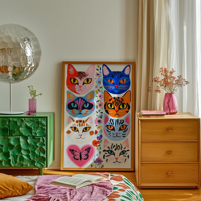 Moderne Wandkunst von SHENCHEN mit mehrfarbigen Katzenporträts, Blumenakzenten und Schmetterlingsmotiven als dekorativer Paper Print - Bild 1