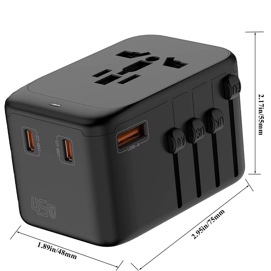 HKLAMIN 45W GaN Schnell-Ladeadapter mit 3 Typ-C- und 1 USB-A-Anschluss in Schwarz für internationale Reisen (EU/UK/USA/AUS) - Bild 2