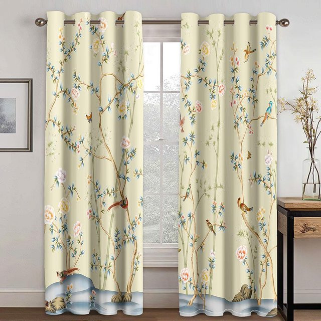 A Family Of Home Textiles Dekorative Vorhänge mit 3D Blumen, Vögeln und Zweigen in Rosa und Multicolour, semi-transparent, Breite: 175 cm, Höhe: 220 cm - Bild 1
