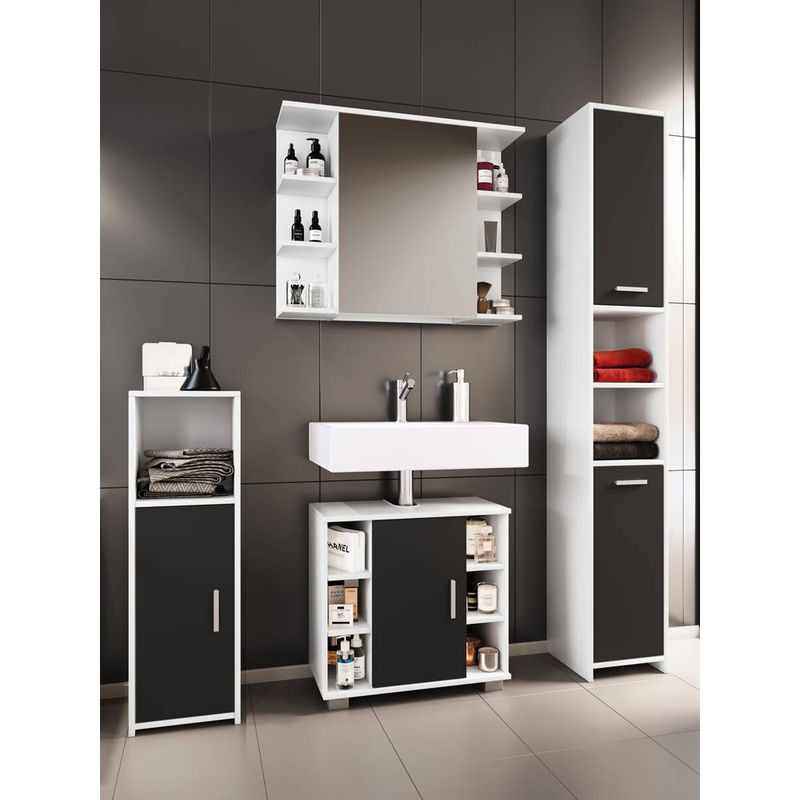 VCM Badmöbelset Zalo II in Weiß und Schwarz, 4-teiliges Badezimmer-Set bestehend aus Unterschrank, Midischrank, Hochschrank und Spiegelschrank, B/H/T: 140 x 180 x 30 cm - Bild 4