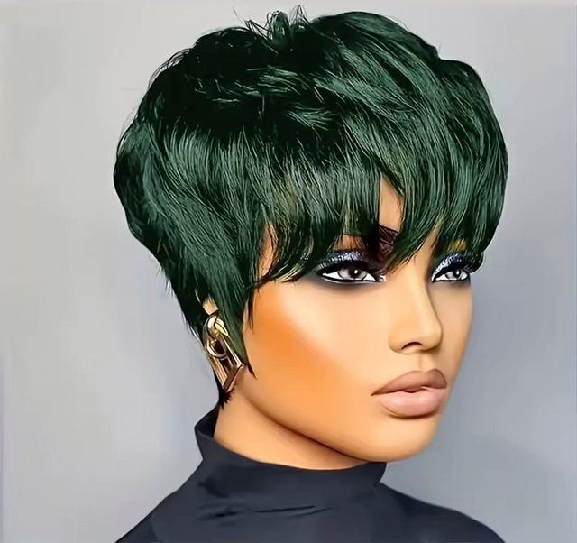 OYM HAIR Pixie-Schnitt-Perücke, grün, glatt, 100 % Echthaar, Damen - Bild 1