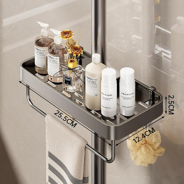 Duschregal für die Badezimmer-Regen-Duschstange aus Aluminium in Silber, selbstklebend ohne Bohren mit Ablaufsystem zur Aufbewahrung von Shampoo und Duschgel - Bild 1