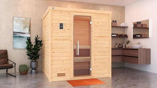 WEKA Massivholzsauna Bergen 1.8 für 6 Personen mit 5,4 kW Ofen und integrierter Steuerung in Braun - Bild 1