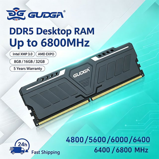 GUDGA RAM DDR5 UDIMM Desktop-Arbeitsspeicher mit Aluminium-Kühlkörper für Gaming-Computer, Schwarz - Bild 1