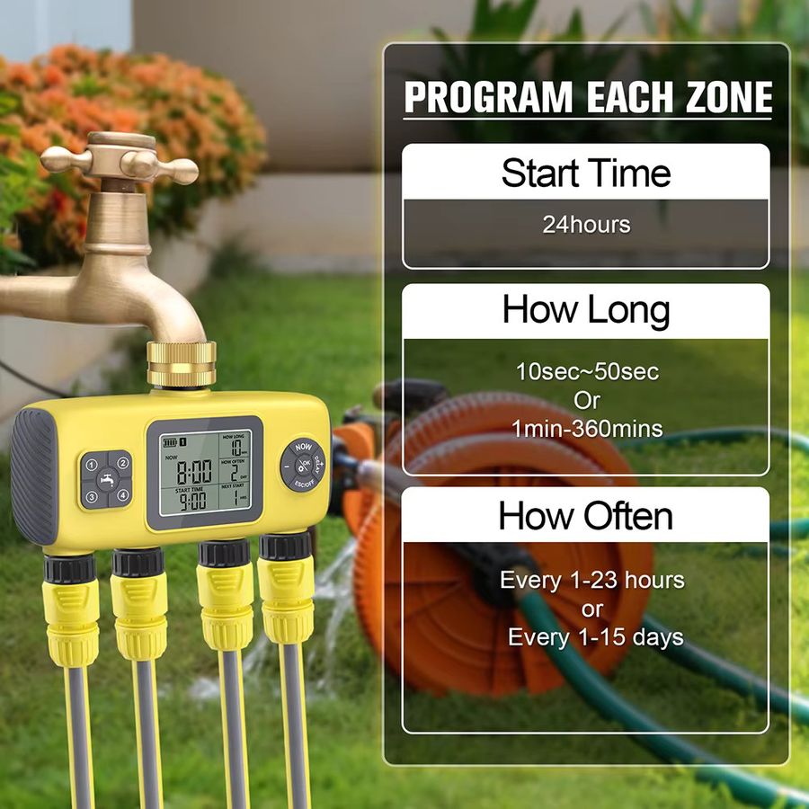 JUANJUAN Automatischer Wassertimer mit 4 Ausgängen und LCD-Display zur intelligenten Gartenbewässerung mit 4 Zonen - Bild 4