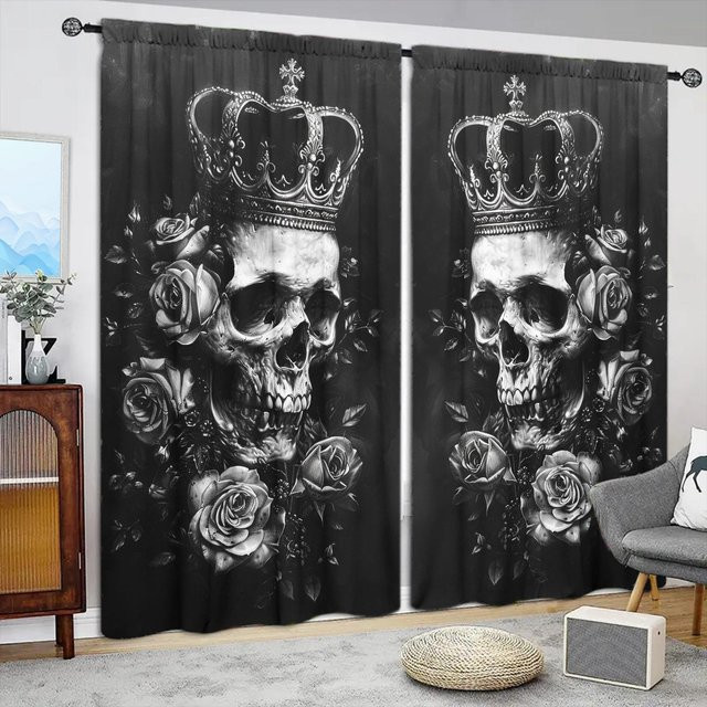 2er-Set Gothic Vorhang mit Schwarzer Rose und Totenkopf Aufdruck in Schwarz, Breite: 52,5 cm, Höhe: 116 cm - Bild 1