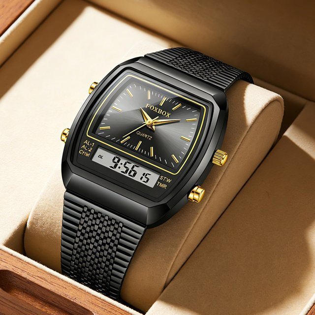 FOXBOX Armbanduhr, Quarz, Digitaluhr, Edelstahl, Schwarz, Herren - Bild 1
