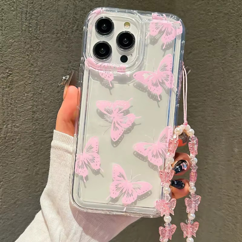 Transparente Handyhülle mit Schmetterlingsmuster und Umhängeband für Apple iPhone 11 bis iPhone 17 Pro Max und weitere Modelle - Bild 1