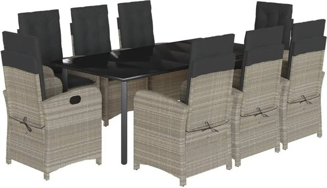 vidaXL 9-teilige Garten-Essgruppe aus Poly-Rattan mit Kissen in Hellgrau und Tisch aus gehärtetem Glas - Bild 1