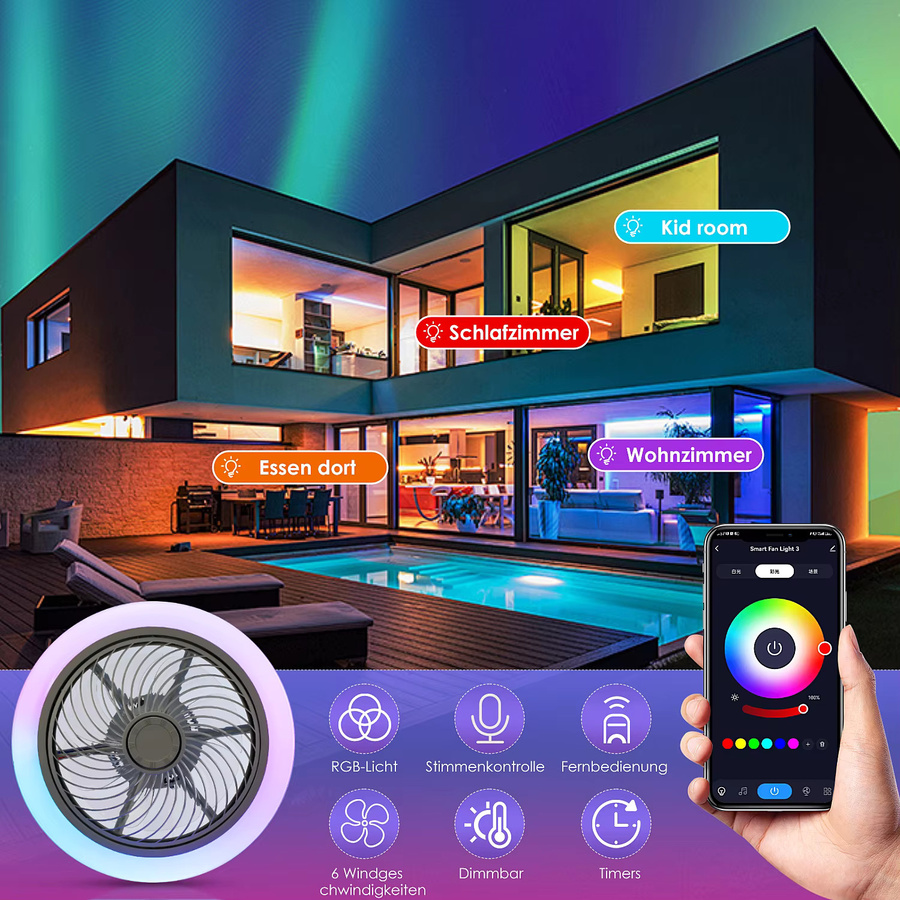 Oyajia Deckenventilator mit Bluetooth Musik, 50W RGB LED Beleuchtung, dimmbar, rund, Weiß - Bild 4