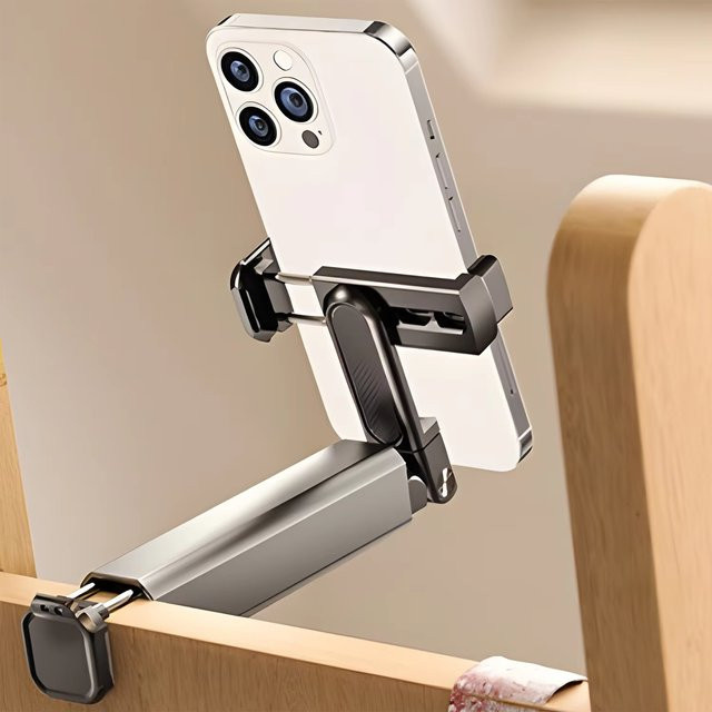 Tragbarer 360-Grad Reise-Telefonhalter in Silber, verstellbarer und drehbarer faltbarer Desktop-Telefonständer für Flugzeug, Zug und Sitzhalterung - Bild 1