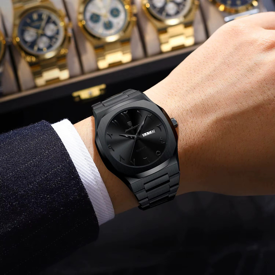 POEDAGAR Armbanduhr Quarz, Edelstahl, Schwarz, Silber, Herren - Bild 6