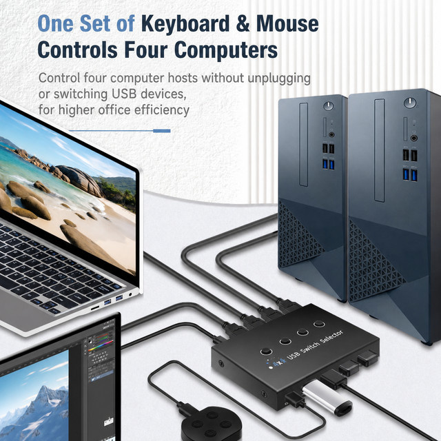 PHONEPACE USB Sharing Box 4 Ports Host Switch Hub für PC und Laptop in Schwarz zum Teilen von Tastatur, Maus, Drucker und Zubehör - Bild 1