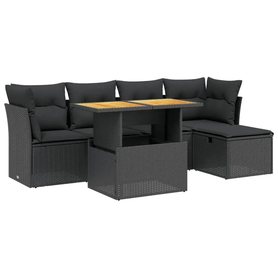 vidaXL 6-teilige Garten-Sofagarnitur aus Poly-Rattan und Akazienholz in Schwarz mit Kissen - Bild 2