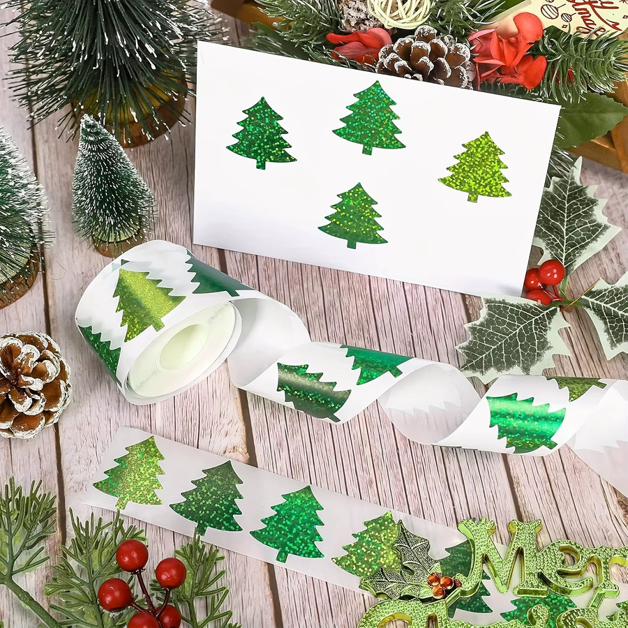 500 Stück glitzernde Weihnachtsbaum-Aufkleberrolle in Grün, selbstklebende glänzende PVC-Feiertagsetiketten für Geschenkverpackungen, Scrapbooking und Karten - Bild 2