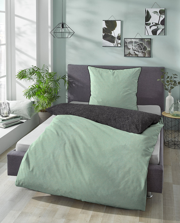 Biberna Bettwäsche Set Uni-Melange Flanell aus Baumwolle, Farbe Grün, B/H: 155 x 220 cm und 80 x 80 cm - Bild 1