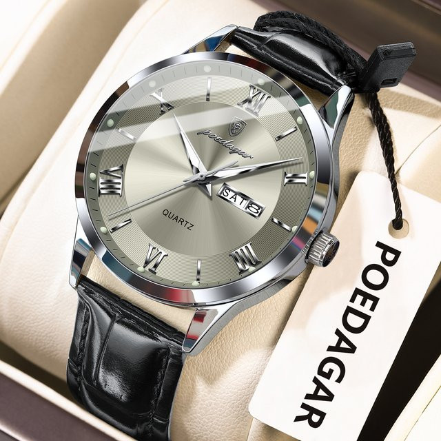 POEDAGAR Armbanduhr Quarz, Leder, Silber, Herren, Datum, Wochentag - Bild 1