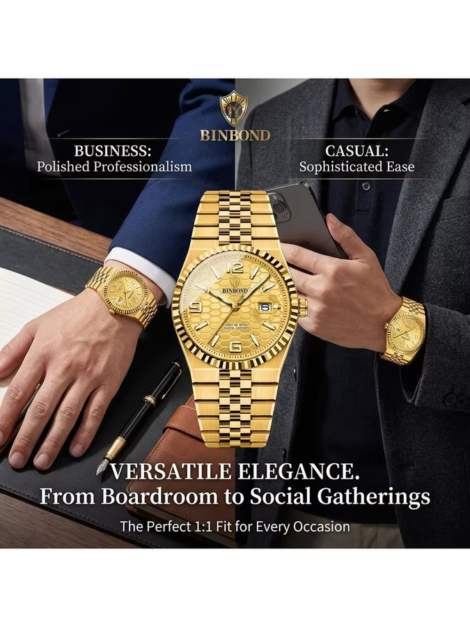 BINBOND Armbanduhr Edelstahl, Gold, Quarz, Analoguhr, Herren - Bild 7