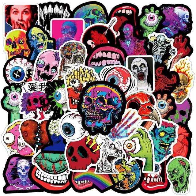 50 Stück Gruselige Horror Totenkopf und Geistergesicht Aufkleber von Binchi Outdoor Product in Multicolour für Laptop, Wasserflasche und Skateboard - Bild 1