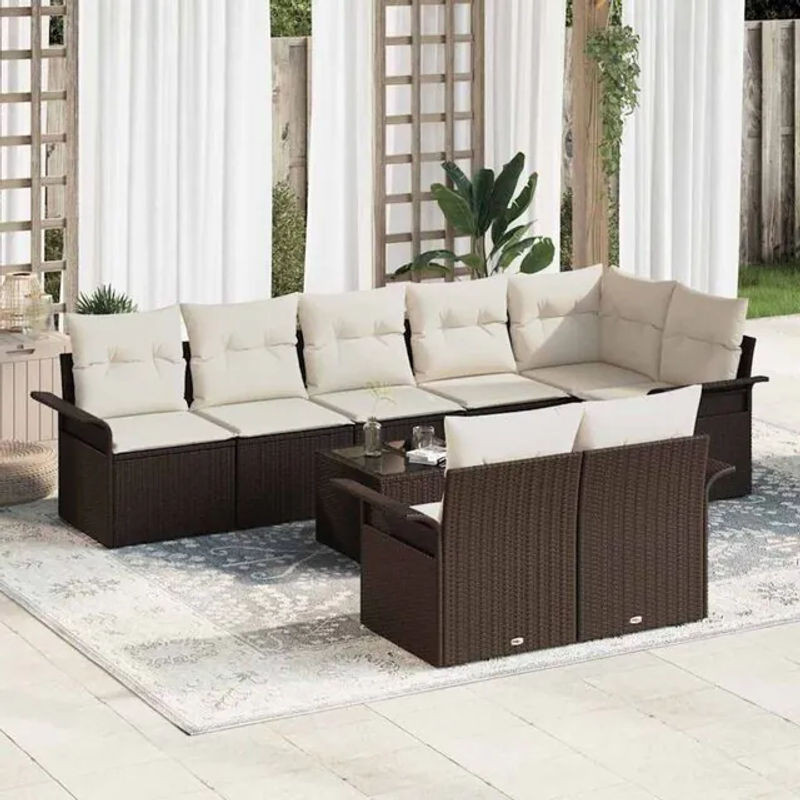 Vidaxl Garten-Sofa-Set aus Polyrattan mit 9 Kissen in Braun, modernes Loungemöbel-Set - Bild 1