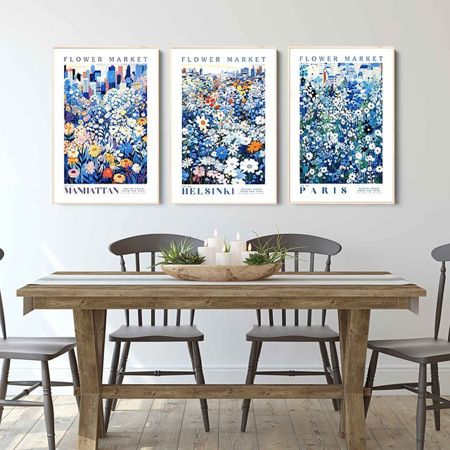 Potdemiel Moderne Botanische Wandkunst als Leinwandposter mit Blauen Blumen für dein Wohnzimmer - Bild 1