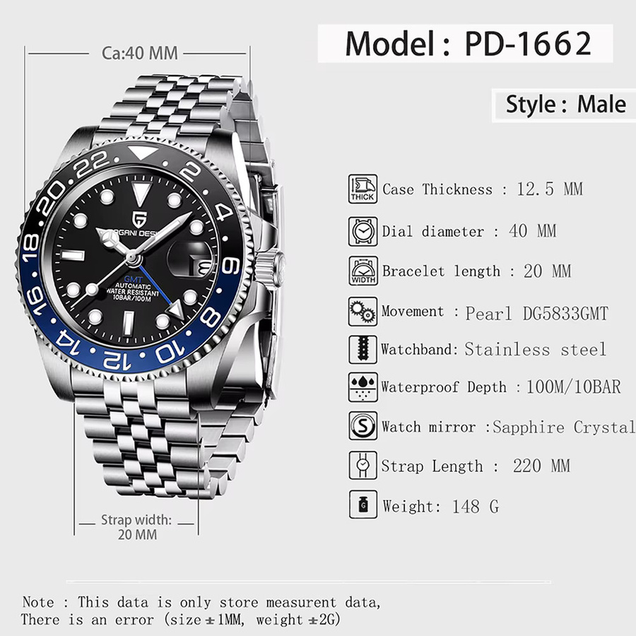 PAGANI DESIGN Armbanduhr, Automatik, Edelstahl, schwarz-blau, Herren - Bild 8