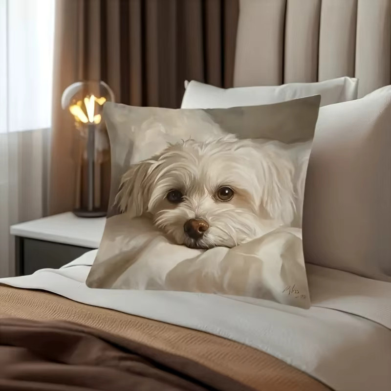 VIKAMA Malteser Hund Kissenbezug mit Kunstdruck in Beige-Weiß, quadratisch, Breite: 45 cm, Höhe: 45 cm, Tiefe: 45 cm - Bild 5