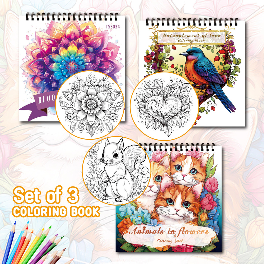 3er Set Malbücher für Erwachsene mit Vogel-, Katzen- und Mandala-Mustern, spiralförmig gebunden, 30 Seiten, Mehrfarbig - Bild 2