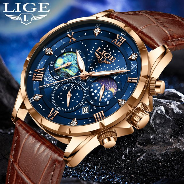 Lige Chronograph, Quarz, Leder, Herren, Blau, Gold, Datum - Bild 1