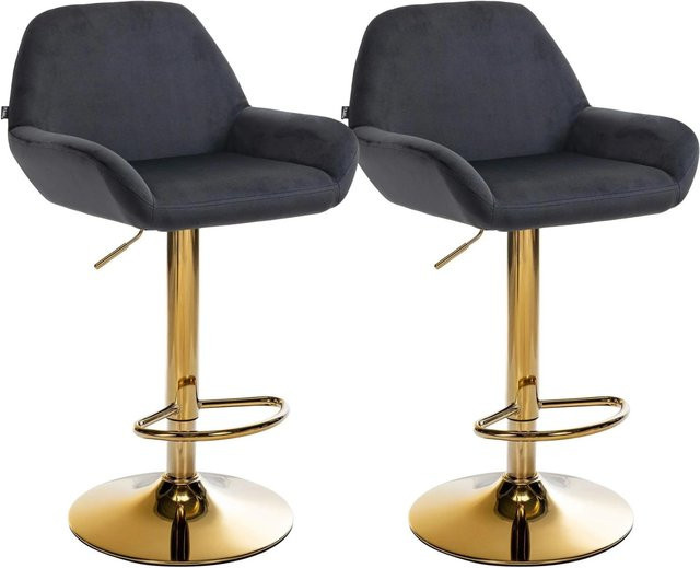 DELUKE 2er Set Barhocker BIKEL, Samt Schwarz mit Gold, höhenverstellbar, drehbar mit Lehne, B/T/H: 51 x 52 x 89 cm - Bild 1
