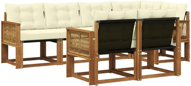 vidaXL Outdoor-Sofagarnitur L-Form aus massivem Akazienholz mit 7 Textilene-Kissen in Natur und Creme - Bild 1