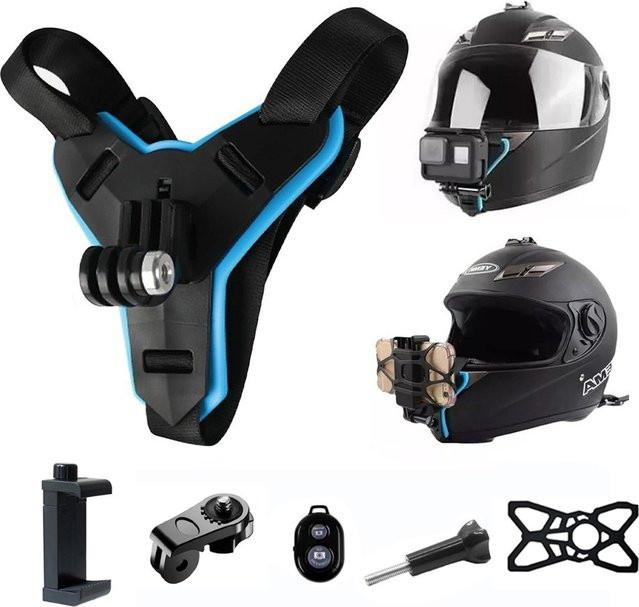 Kinnriemenhalterung für Motorradhelm mit Fernbedienung in Schwarz für GoPro Hero 13/12, Insta360 X5/X4/X3 und DJI Action 3/4/5 Pro sowie AKASO Action Kameras - Bild 1