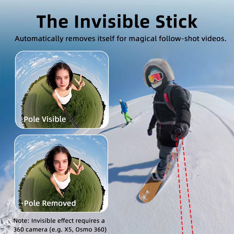 ALLOET Selfie-Stick aus Aluminiumlegierung mit verstellbarem Griff für Insta360 Go Ultra, X5 und Pocket 3 Actionkameras in Schwarz - Bild 2