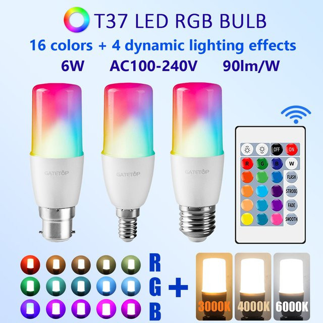 2er-Set Gatetop RGB LED Glühbirnen T37, mehrfarbig, dimmbar mit Fernbedienung, E14/E27/B22 Fassung - Bild 1