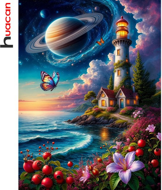 Huacan 5D DIY Diamantmalerei Landschaft mit Turm als runde Stickerei in Multicolour, B/D/H: 30,0 x 30,0 x 2,0 cm - Bild 1