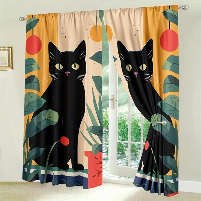 Dekorativer Vorhang mit Katzenmotiv in Mehrfarbig, halbtransparentes Fensterdesign aus Polyester, B: 70 cm, H: 165 cm, 2er-Set - Bild 1