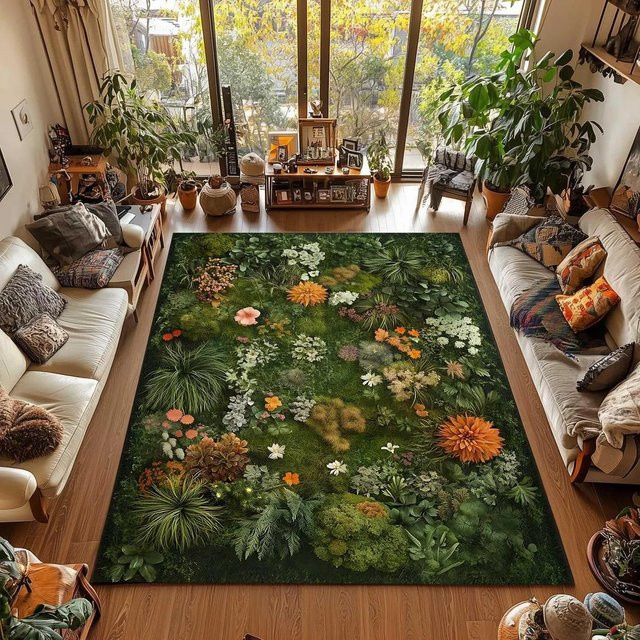 Karpetti Botanischer Teppich Gänseblümchen Moos Tanne in Grün, B/T: 60 x 40 cm - Bild 1