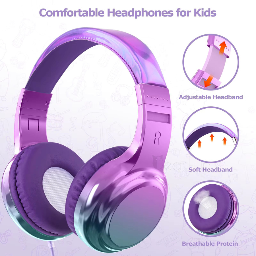 QearFun Gradient Cool Kids Kopfhörer für Mädchen in Purple, kabelgebundene Stereo-Kinderkopfhörer mit Mikrofon und verstellbarem Design - Bild 4