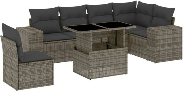 vidaXL 7-tlg. Garten-Sofagarnitur in L-Form aus grauem PE-Rattan mit Kissen und pulverbeschichtetem Stahlgestell - Bild 1