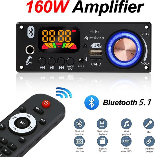Kebidu Bluetooth 5.1 MP3 Decoder Board mit 160 W Verstärker, FM Radio, USB, TF und Mikrofon-Eingang, Schwarz - Bild 1