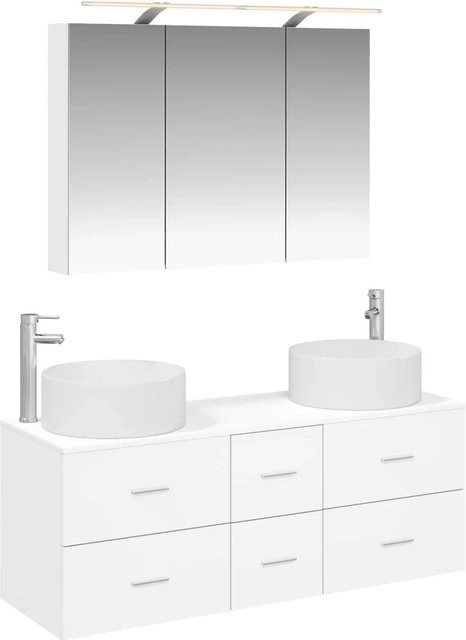 vidaXL Badezimmermöbel-Set 4-teilig in Weiß, modern mit Waschtischunterschrank und Spiegelschrank aus Holz und Glas, inklusive LED-Beleuchtung - Bild 1