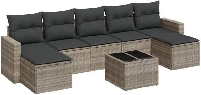 vidaXL 8-tlg. Garten-Sofagarnitur in L-Form aus Polyrattan mit Kissen und Couchtisch, Hellgrau - Bild 1