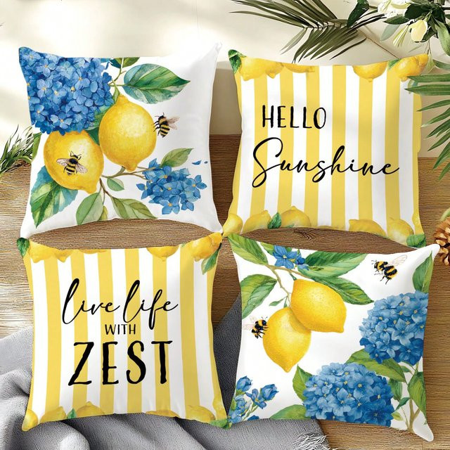 4er-Set KTKA Kissenbezüge mit Zitronen- und Bienenmuster in Gelb und Multicolour, quadratisch, aus Polyester, B/H: 45 x 45 cm - Bild 1