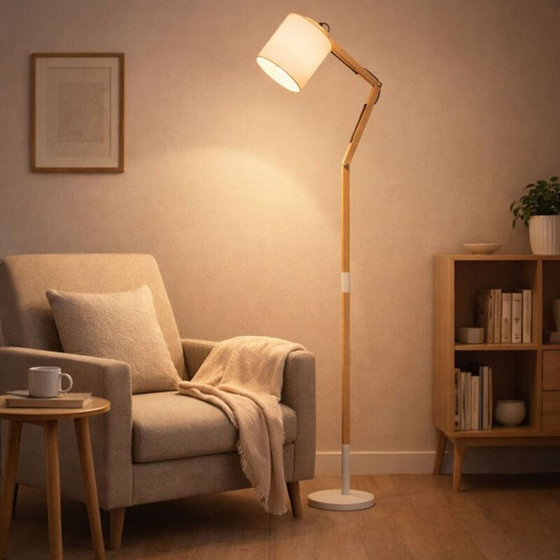 Globo Standleuchte 21510S in Holz Natur und Weiß mit Textilschirm und höhenverstellbarem Holzgestell im skandinavischen Design für dein Wohnzimmer - Bild 1